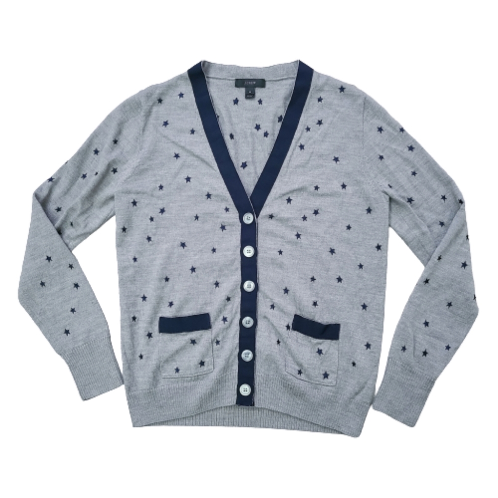 J. Crew Star Embroidered Button Up Wool Cardigan Sweater Size Medium